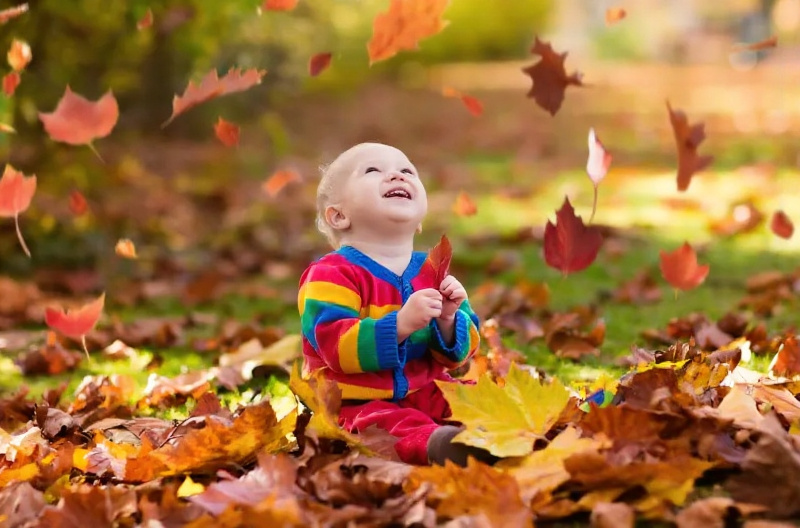 An infant observing falling leaves before language learning.