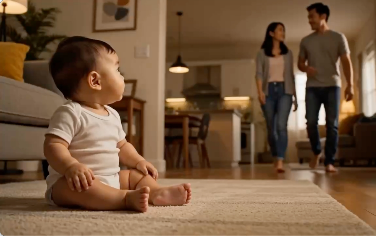 An infant observing people and the surrounding home environment before language learning.